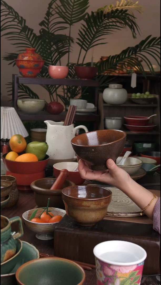 碗景德镇手工高温餐具酱色斗笠