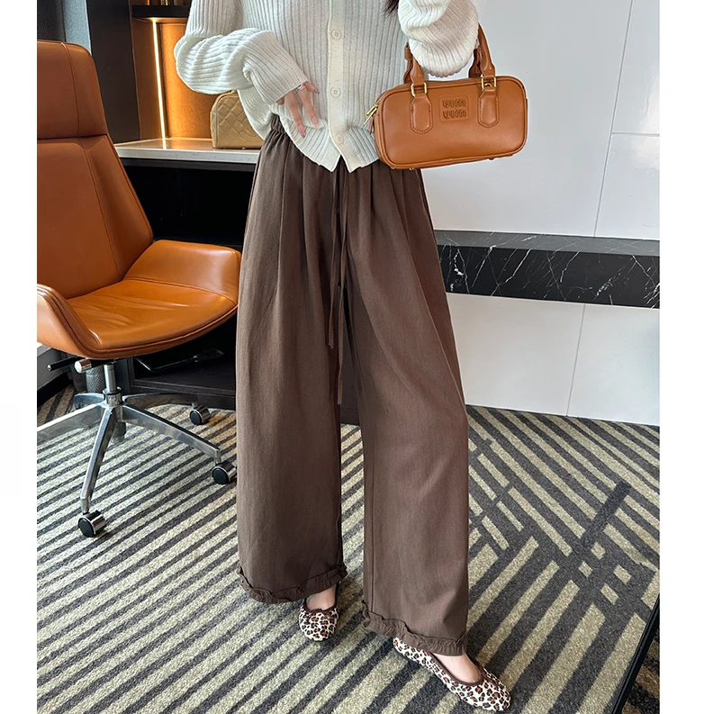 韩系木耳花边阔腿休闲裤女2025秋季新款小个子宽松显瘦直筒九分裤