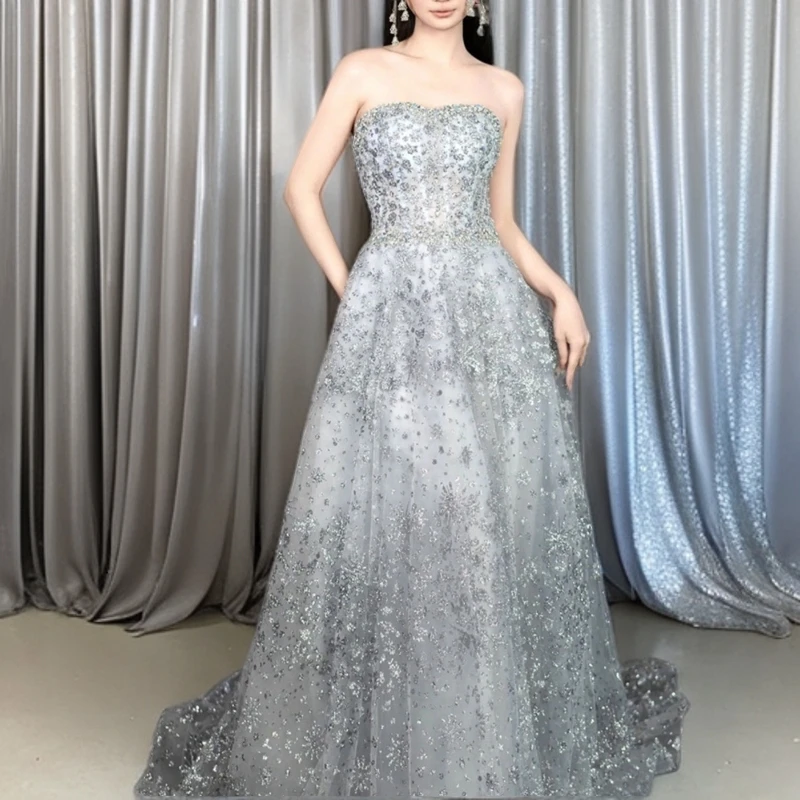 熠熠星光灰色晚礼服明星生日宴会演出主持人晚礼服新娘结婚敬酒服
