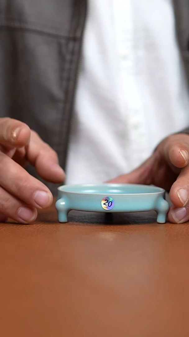 瓷片仿古天青纯手工薄胎小三足笔洗9口径一级礼盒20