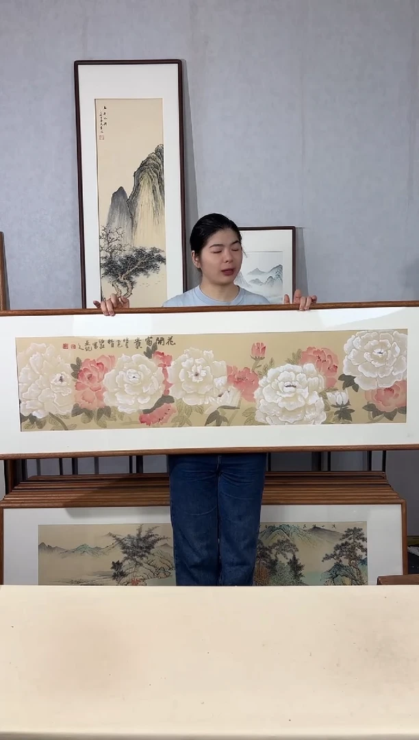 国画手绘*花开富贵*52*172cm带框发货