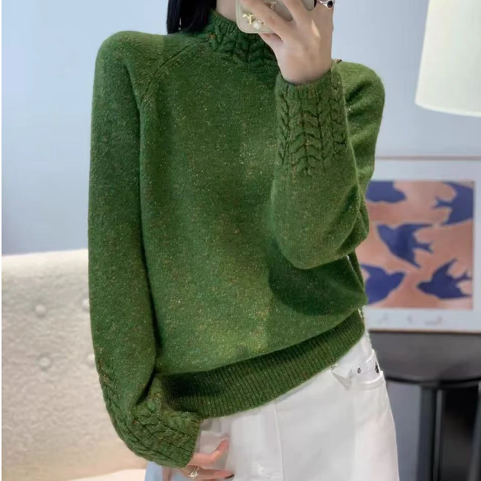 麻花半高领花纱纯色套头毛衣