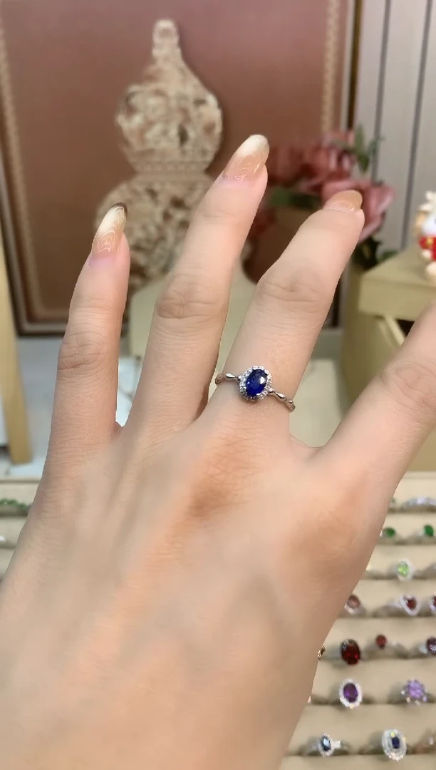 戒指蓝宝石银S925镶嵌芊荷蓝宝石戒指