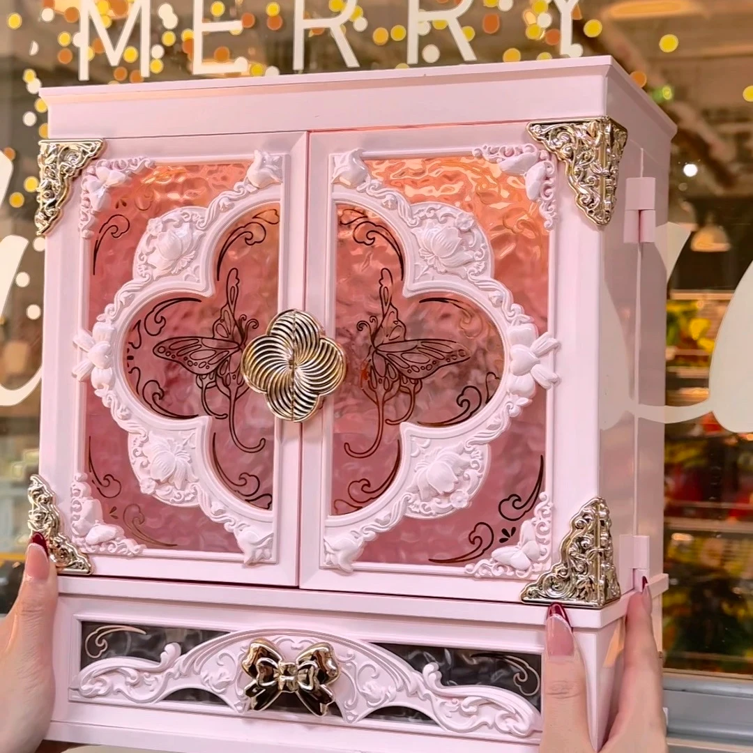 蝶恋花化妆品收纳盒led三色美妆镜情人节送女生朋友学生化妆镜