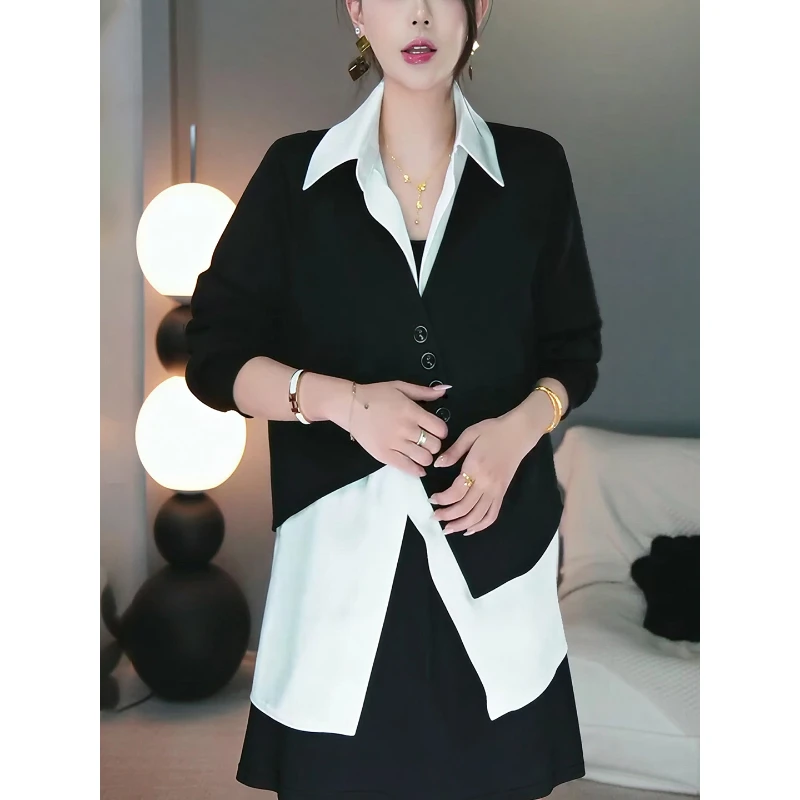 2025秋冬新款拼接设计撞色显瘦长袖衬衫女设计感小众宽松上衣气质