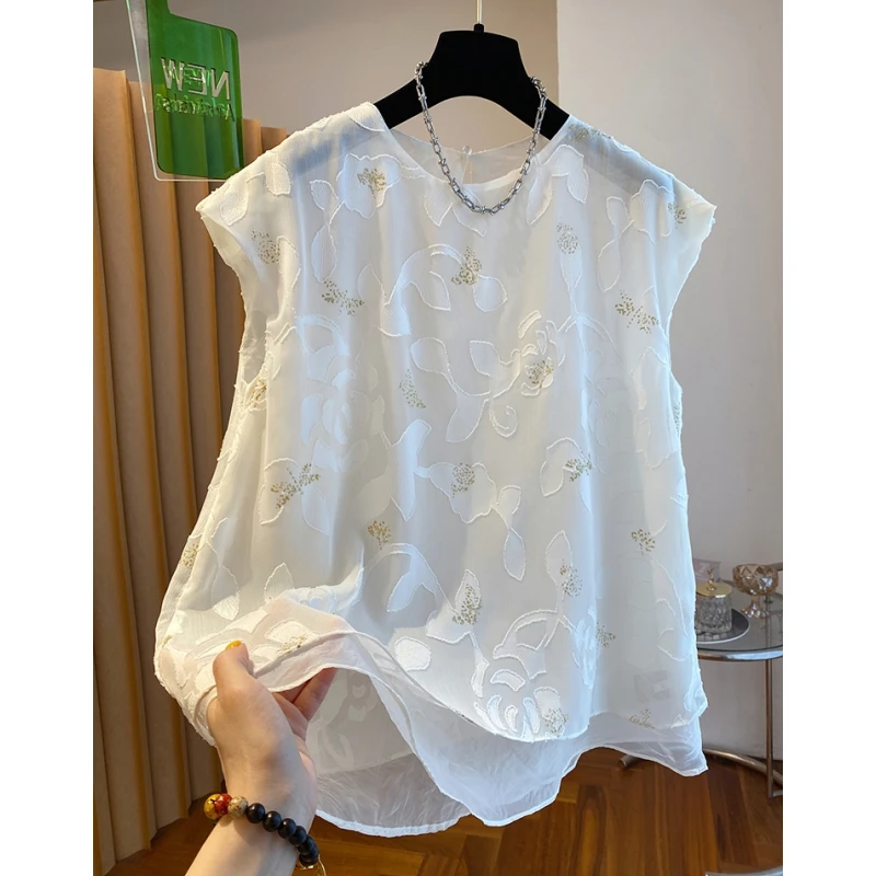 超好看超仙花瓣刺绣无袖上衣女夏季2025新款宽松洋气网纱拼接小衫