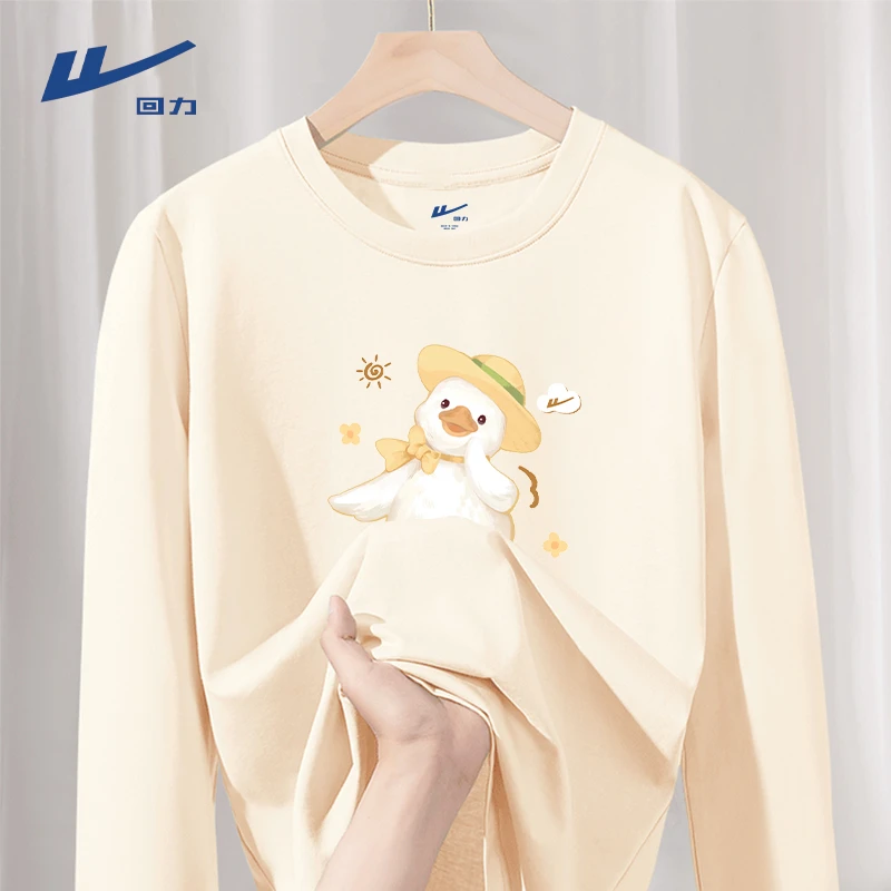 Warrior/回力米白色长袖上衣2025新款小个子小众宽松纯棉长袖女T