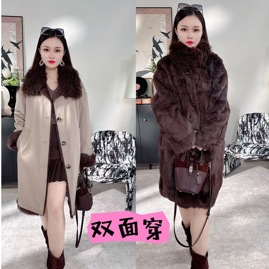 YinMe中长款兔皮毛一体女皮草外套08