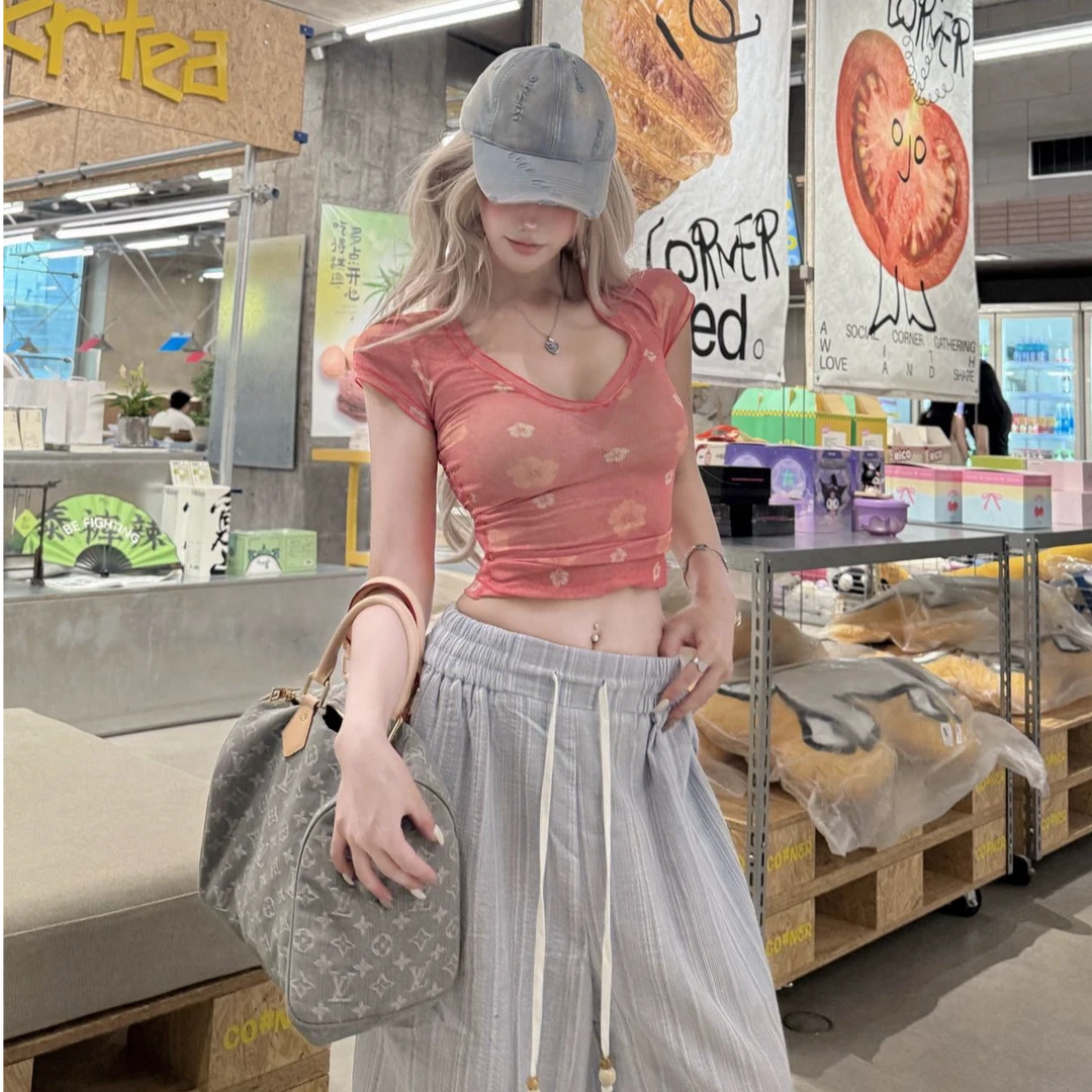 2025夏季新款时尚打底短袖上衣气质显瘦洋气休闲百搭性感辣妹上衣