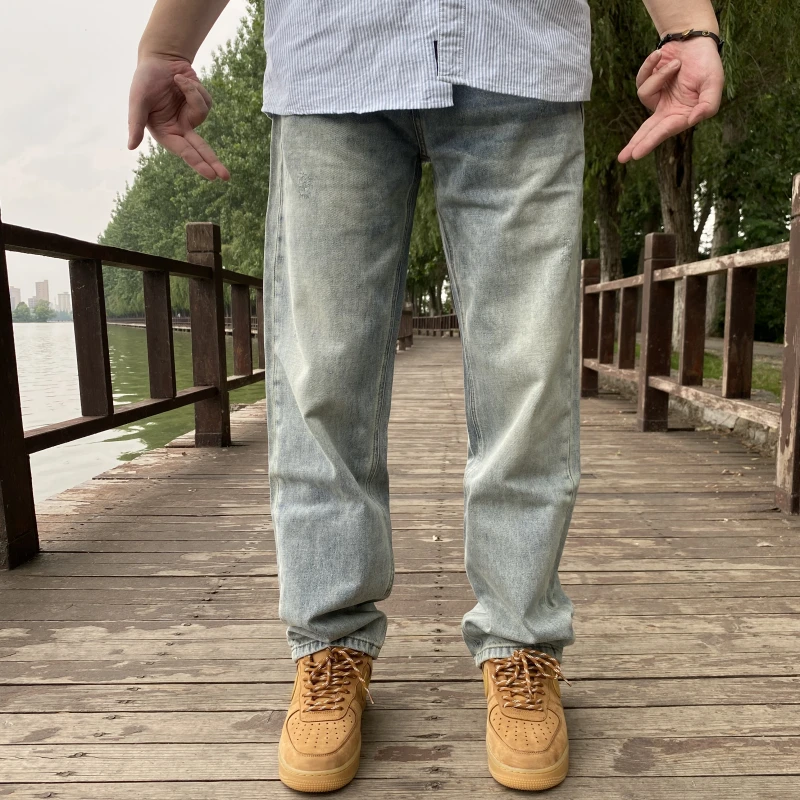 夏季浅色做旧水洗牛仔裤男宽松直筒百搭休闲长裤潮