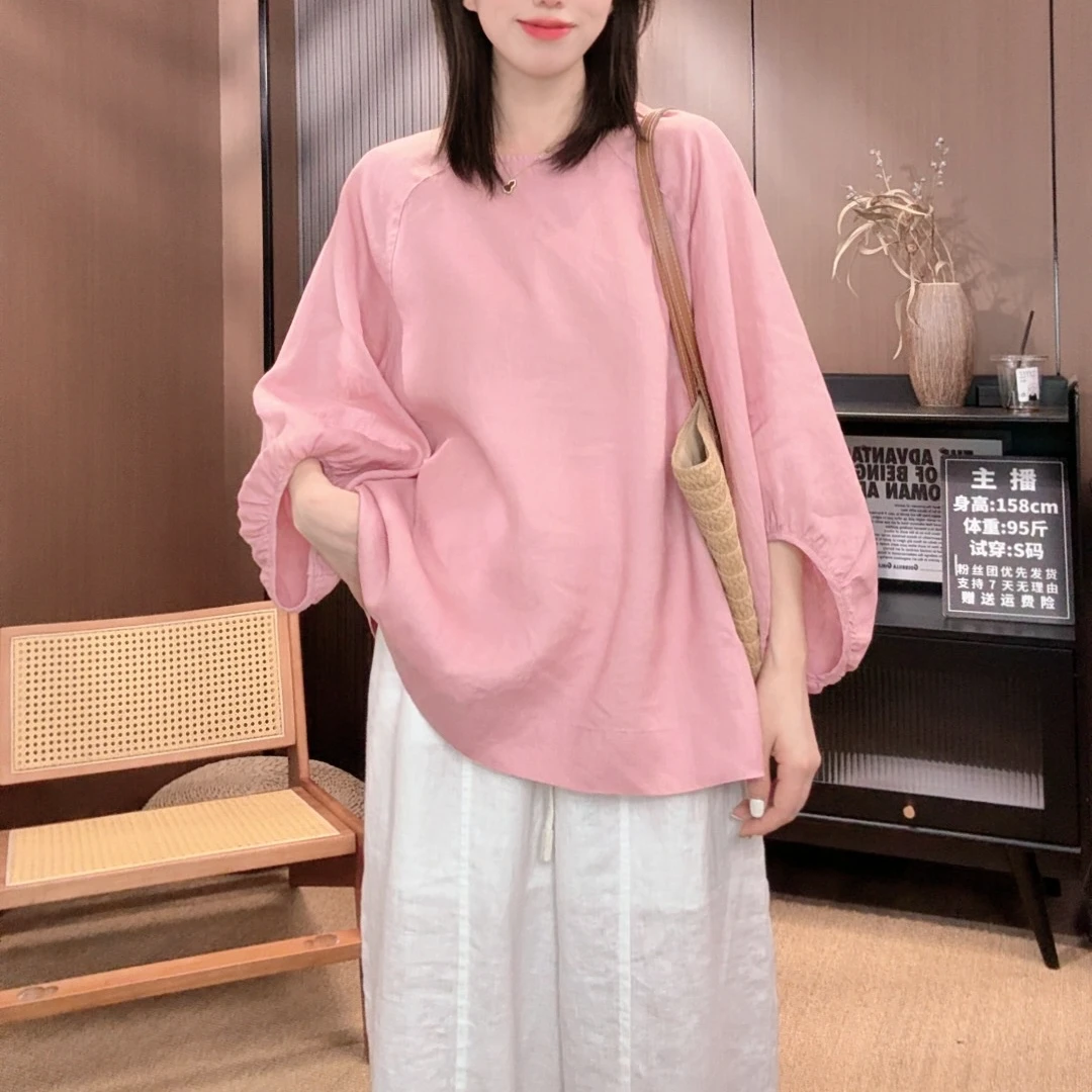 相菲一2025新款韩版宽松休闲九分灯笼袖100亚麻时尚百搭女T恤