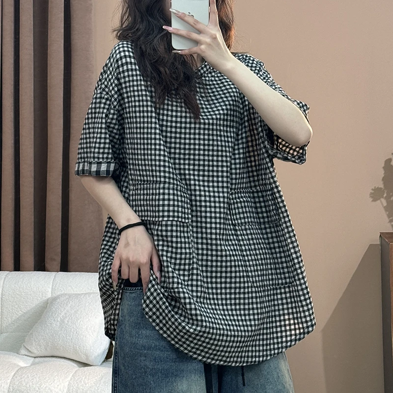 【漫漫家】夏季短袖连帽经典格子T恤小众韩版百搭上衣女
