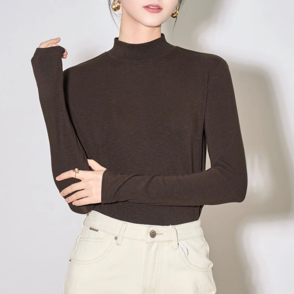 竹节棉薄款半高领长袖简约打底衫纯色百搭可外穿透气--AW9