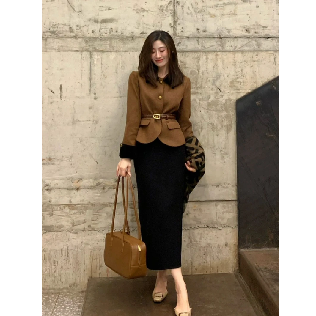 〈纪朵研〉1352套装裙咖色小香风外套半身裙高级感小洋装两件套
