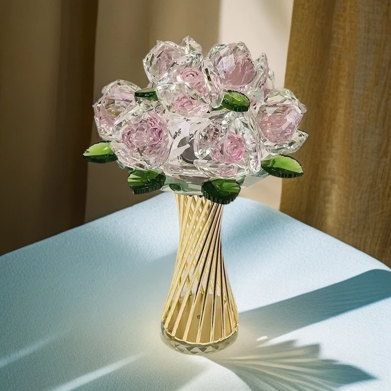 粉色水晶现代轻奢水晶玻璃旋转玫瑰花装饰客厅玄关装饰品创意豪华