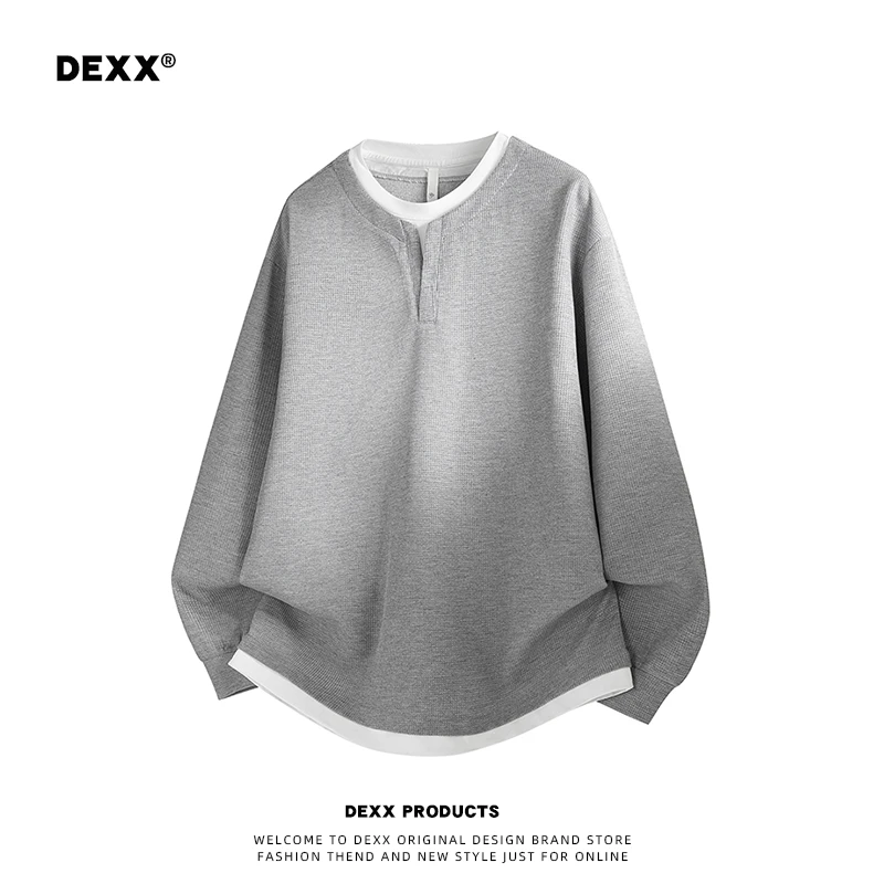 DEXX华夫格百搭卫衣男2025新款小众假两件设计套头休闲打底上衣