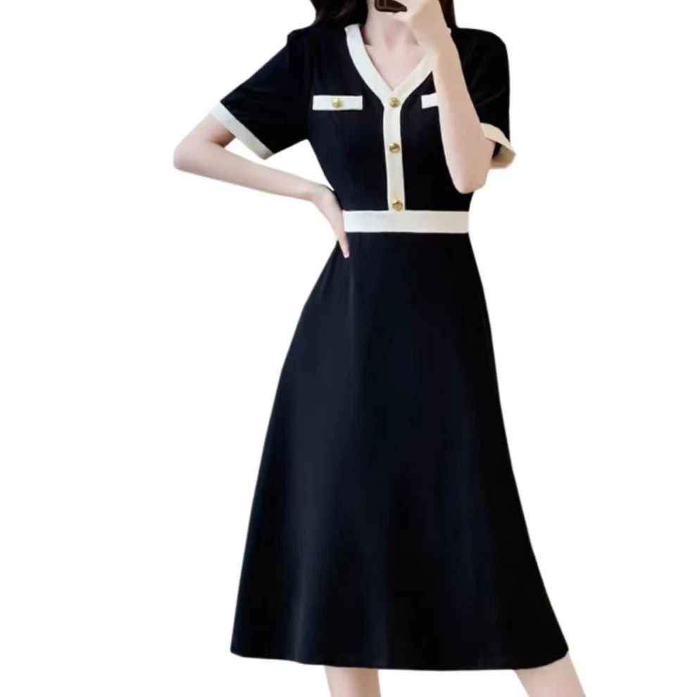 【锦衣服饰】YYF 9821韩系气质V领收腰连衣裙