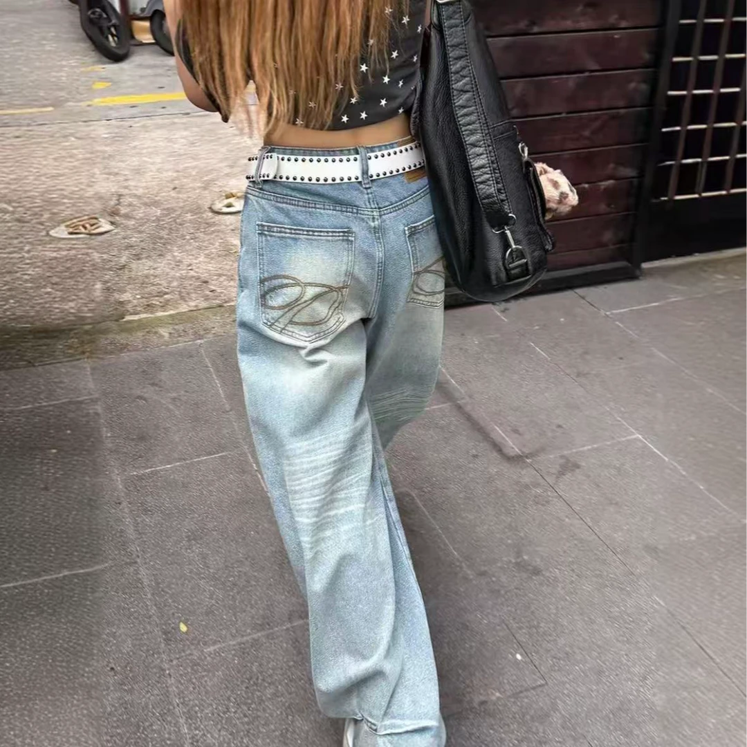 【现货+运费险】美式复古刺绣牛仔裤女夏季高腰宽松显瘦阔腿拖地裤