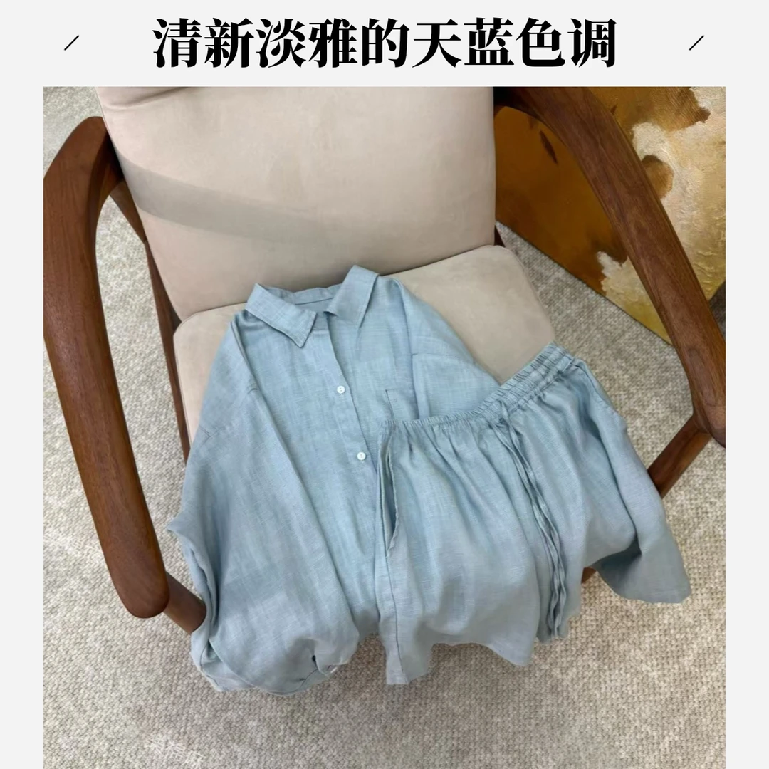 2025天丝亚麻人字纹【套装】翻领拼接衬衫短裤夏季新款休闲女时尚