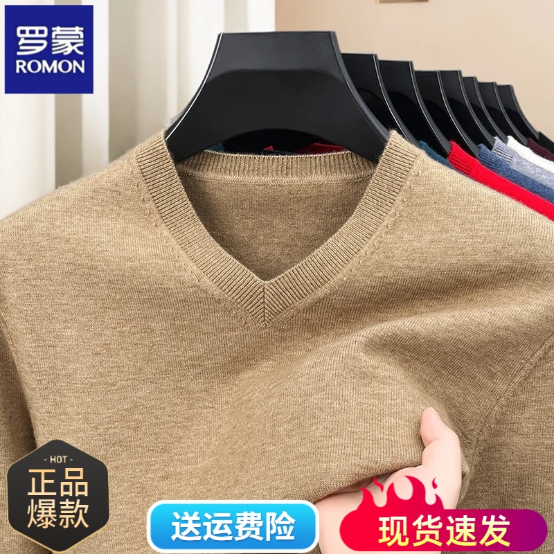 罗蒙男士秋冬衫针织套头毛衣V领半高领加厚常规款外套春秋男款