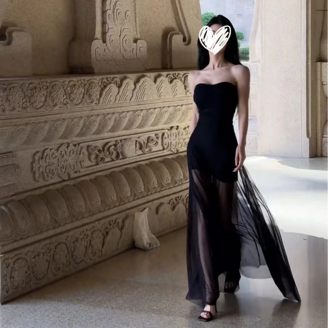 性感抹胸网纱拼接设计感收腰显瘦连衣裙2025夏季新款黑色气质长裙