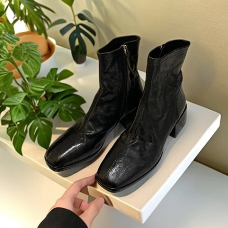 小陈姐专属~秋冬季水洗缩纹软皮侧拉链粗高跟短靴女靴方头瘦瘦靴