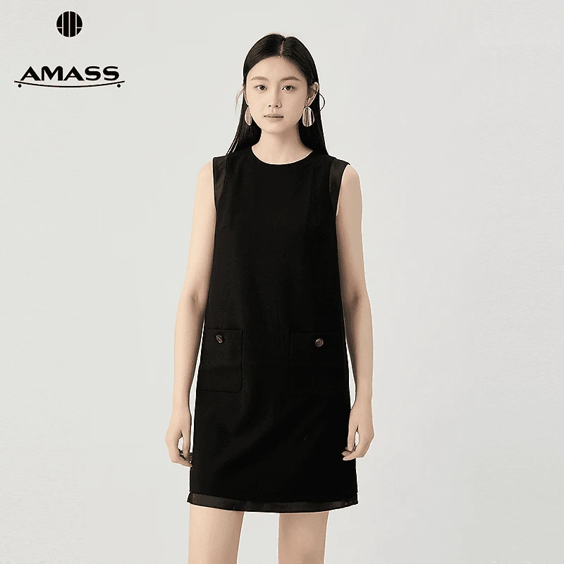 AMASS/阿玛施夏季经典小黑裙轻奢气质时尚中长款连衣裙短袖550071