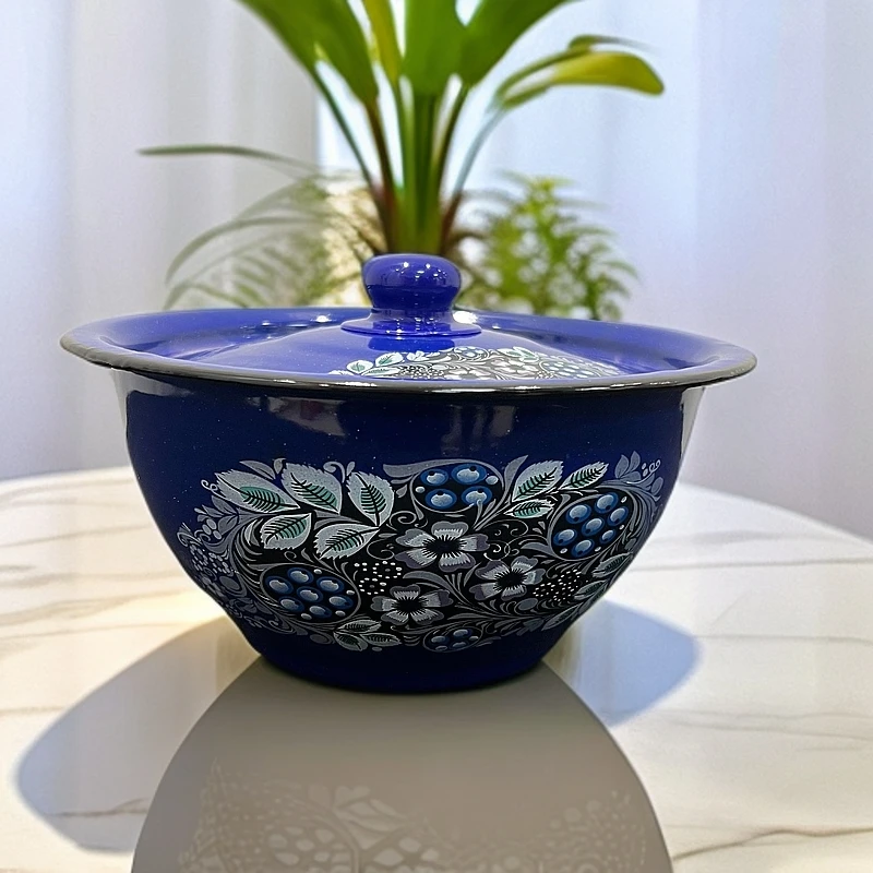 新疆包邮【蓝白点盛菜碗】搪瓷盖碗加厚面碗带盖汤碗猪油盆泡面饭碗