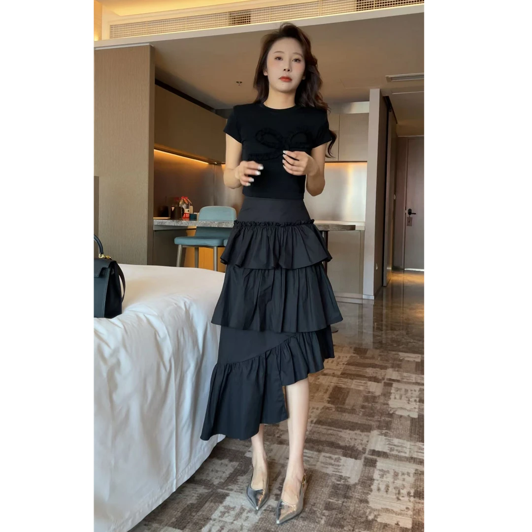 新款美式复古不规则条纹撞色设计宽松蛋糕裙-25319