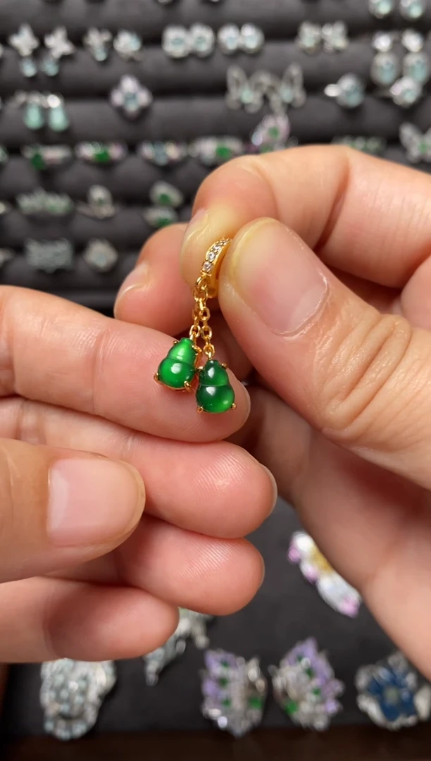 吊坠(不含链)银S925镶嵌翡翠双葫芦提溜