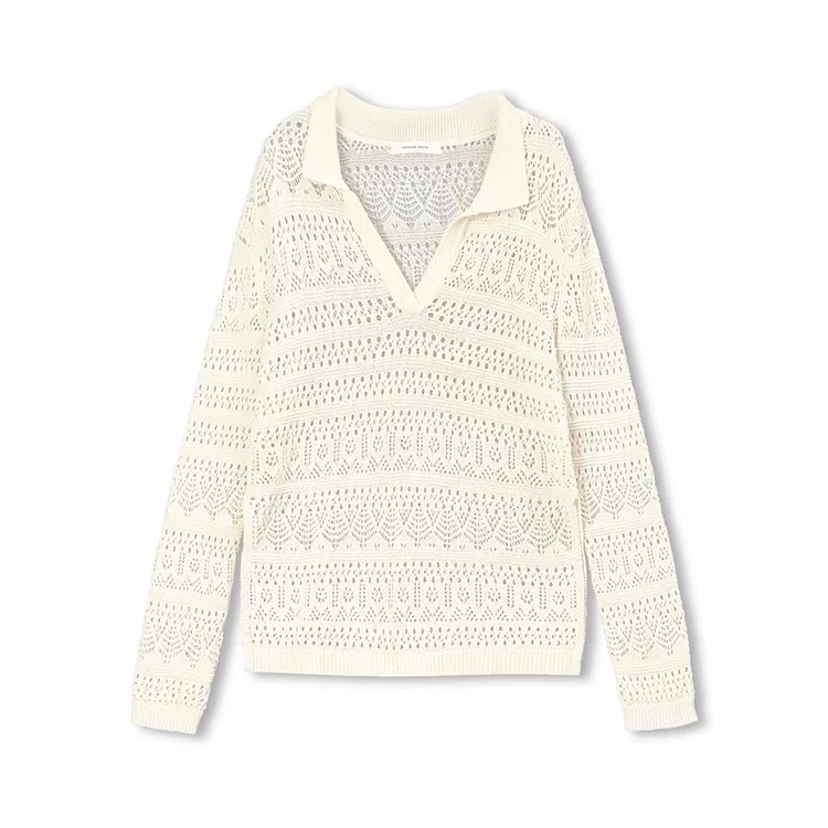【CONCISE-WHITE】noundnound2025春季新款镂空钩花长袖针织衫女