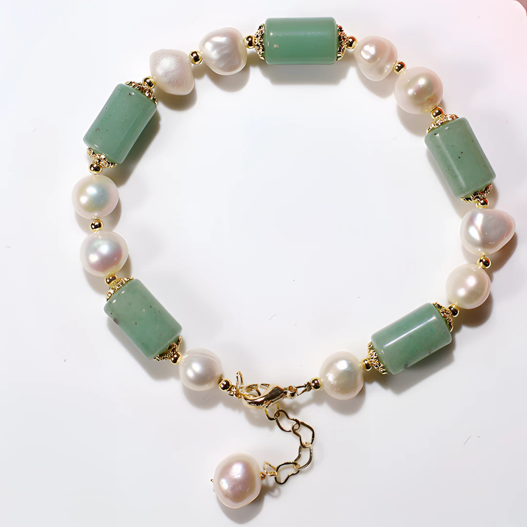 天然珍珠绿东陵手链-镀14K真金-绿东陵桶珠-8×12mm