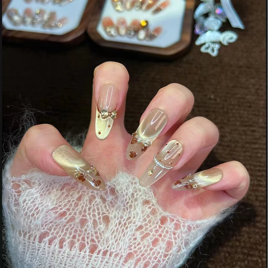【各有千秋】纯手工穿戴可拆卸高级碎钻锆石金色猫眼穿戴甲十片装
