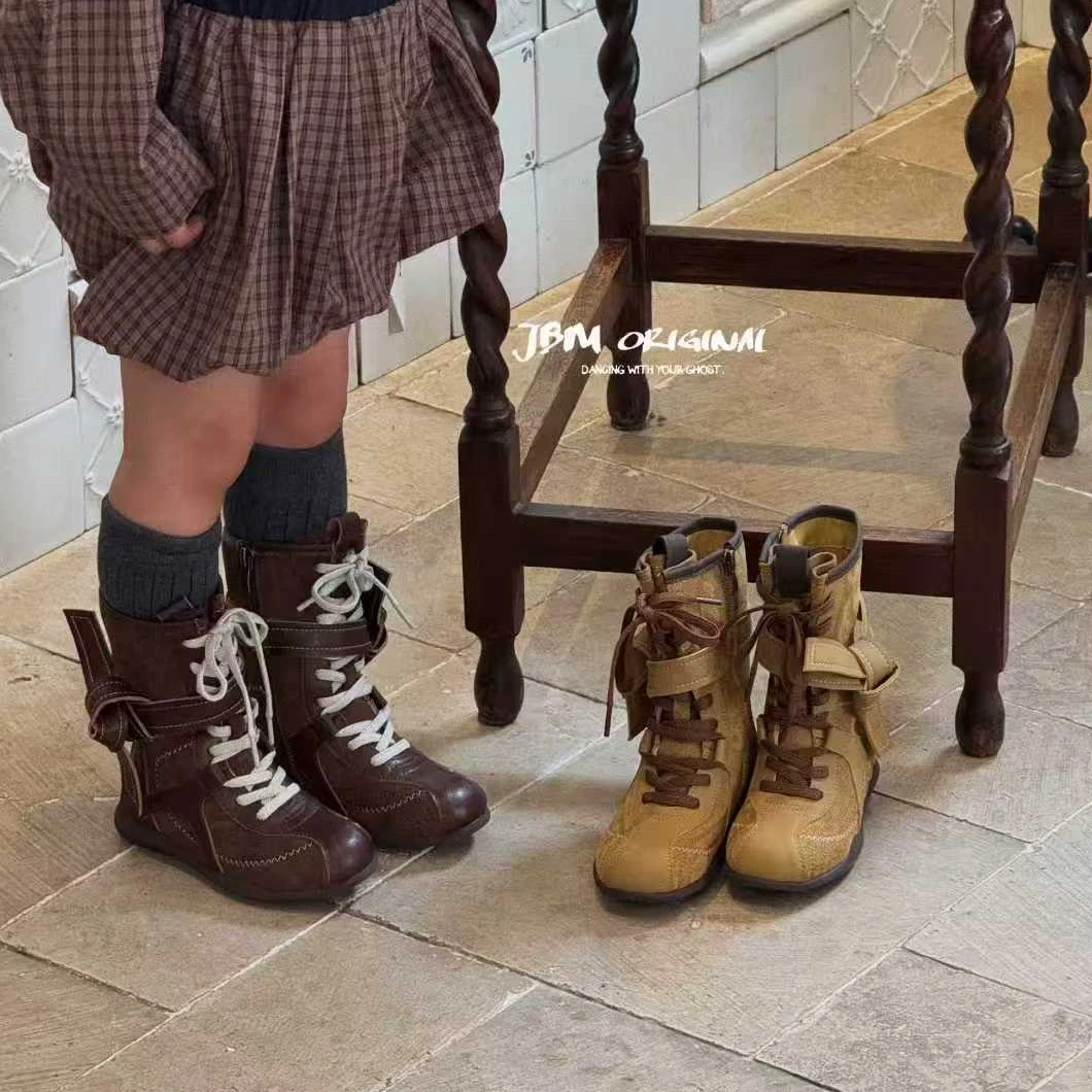 JBM品牌正品女童系带单靴牛皮亲子圆头马丁靴英伦风拳击靴棕色