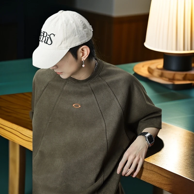 立体分割拼接设计短袖T恤男25夏季新款美式复古麂皮绒半袖体恤衫