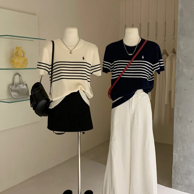 2025夏季新款冰丝针织短袖T恤女条纹拼接宽松简约通勤高弹力内