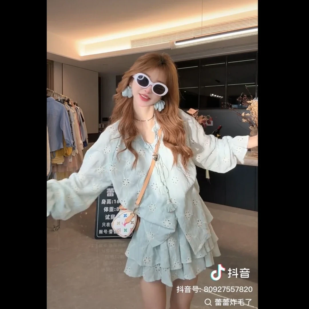 衬衫+半身裙 一整套温柔风花边系带重工刺绣