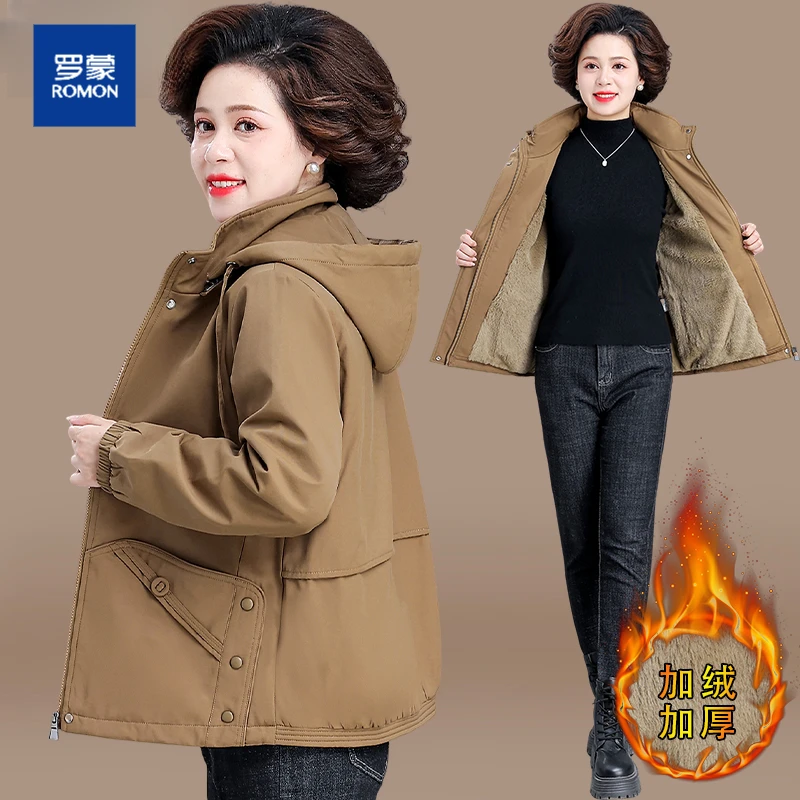 罗蒙妈妈冬装加绒加厚外套洋气中年女装冬季风衣中老年小个子棉衣