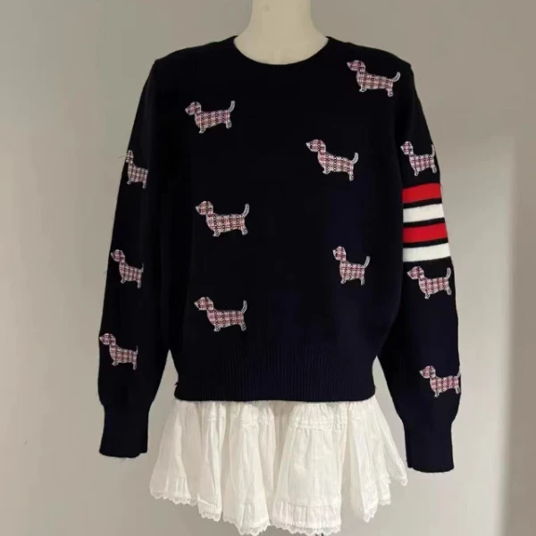 【编码64 65】TB刺绣小狗针织长袖学院风减龄圆领套头撞色毛衣上衣