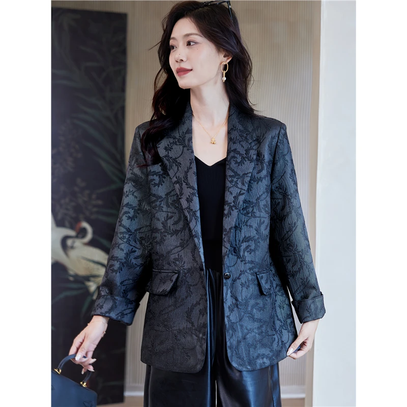 一粒扣刺绣西装外套女2025秋季时尚百搭通勤简约气质显瘦西服上衣