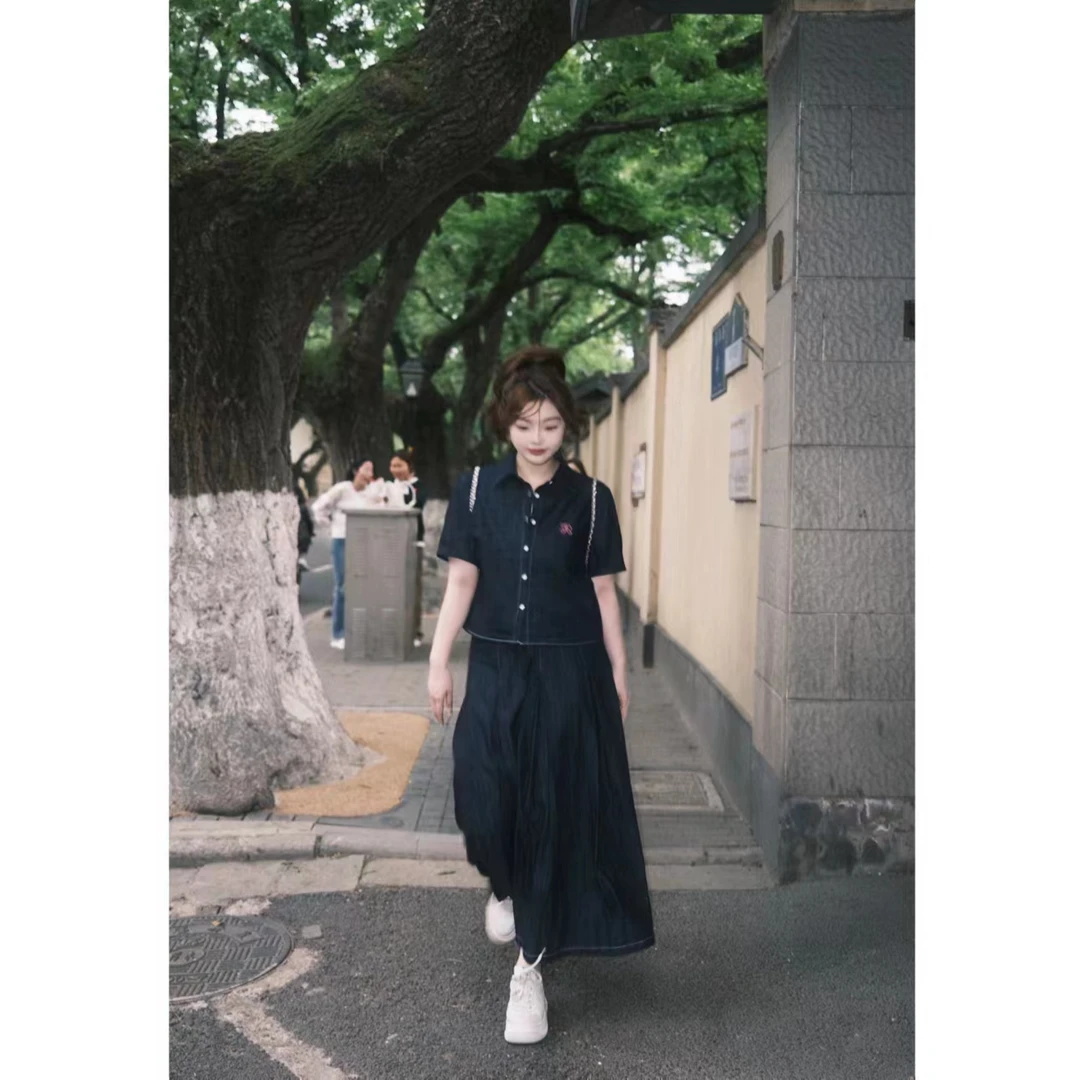 【随性而为-半裙】韩系仿牛仔高腰A字大裙摆半身裙（带腰带）