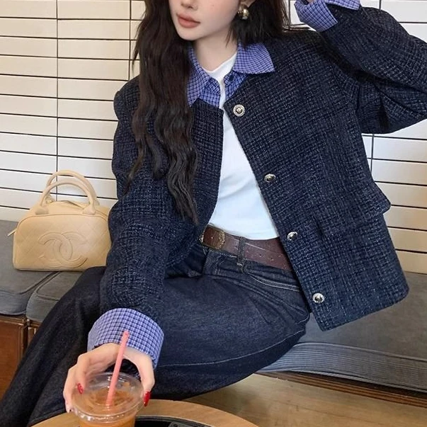 藏青色高级感格纹拼接小香风外套女2025早春新款时髦洋气设计上衣