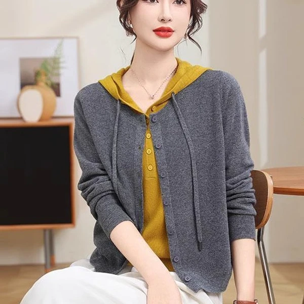 秋冬新款假两件针织衫连帽开衫女长袖针织衫上衣宽松显瘦毛衣外套