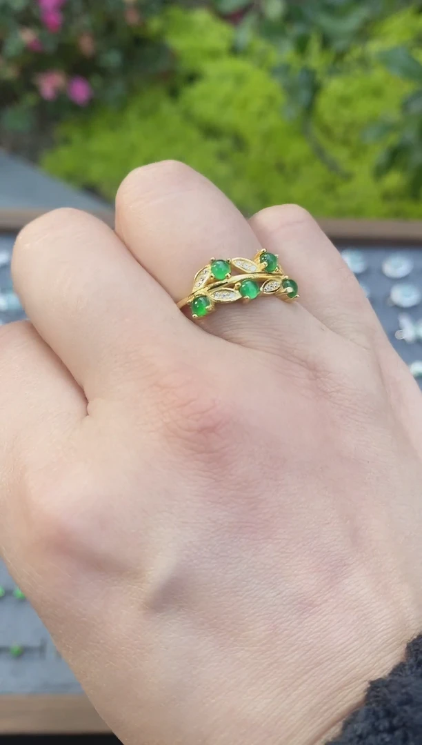 【闪购商品】翡翠戒指银S925镀金镶嵌天然A货满绿翡翠橄榄叶戒指