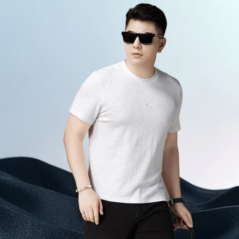 巴赛娜缇白色短袖t恤男士夏季薄款时尚休闲气裂纹圆领上衣服男