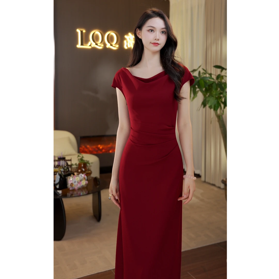 七七-【经典一梦】斜领一字肩长裙修身显气质连衣裙-LQ045