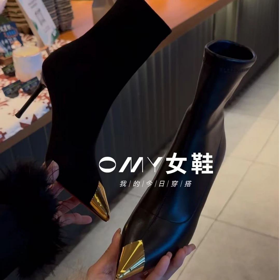 新品加棉金属防踢细跟瘦瘦短靴  95695