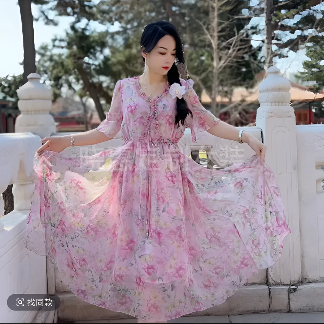 新款夏季法式显瘦度假风碎花仙气连衣裙