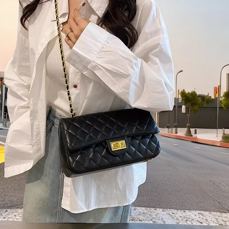 全皮小香风菱格链条包斜挎高级质感小众女包轻奢