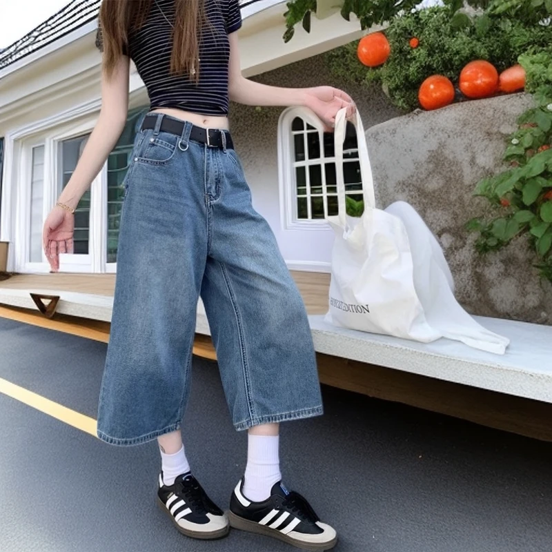 美式复古蓝阔腿牛仔七分裤女2025年夏季新款高腰显瘦直筒短裤子潮